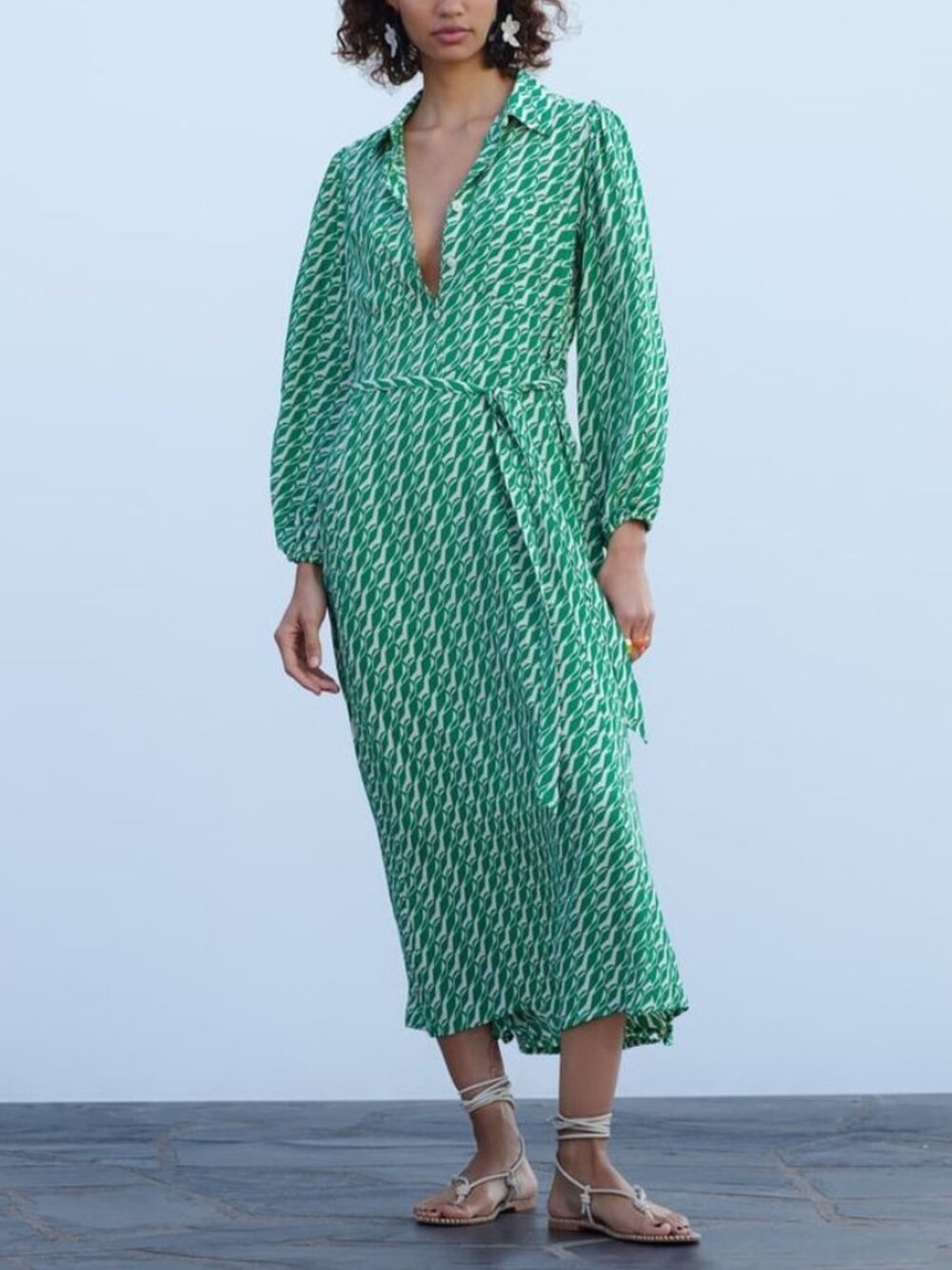 Zara Printed Midi Dress - Green/Cream - Size Medium